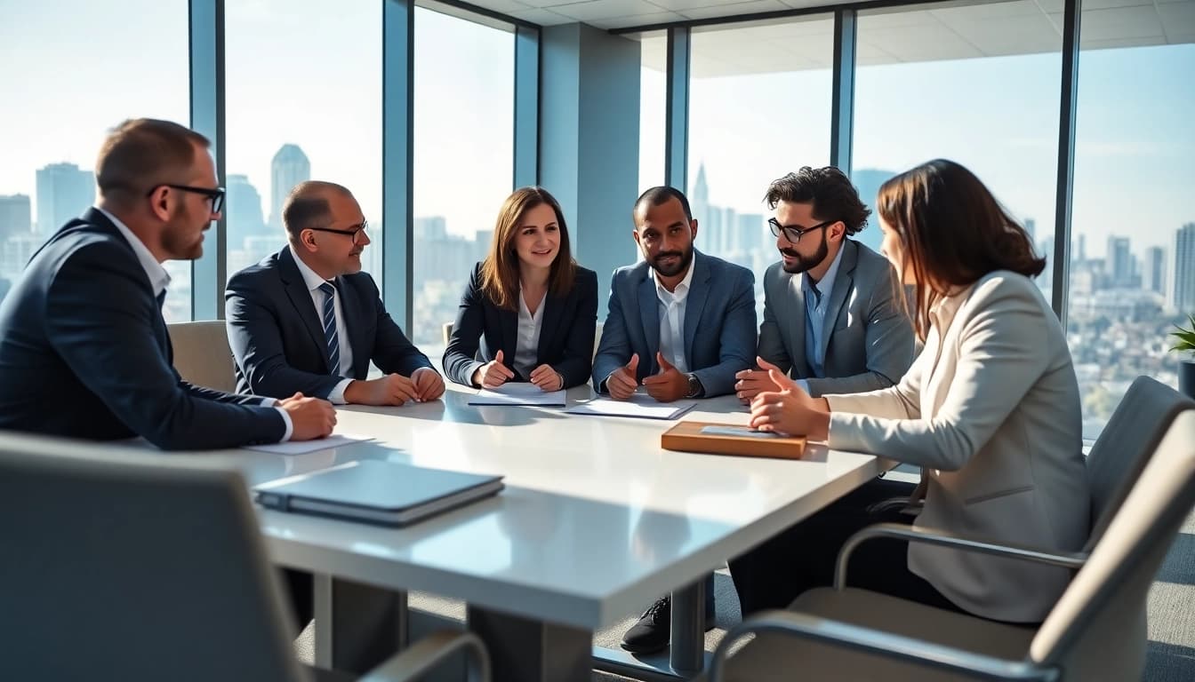 Execute business strategies in a modern office environment, showcasing teamwork and collaboration.
