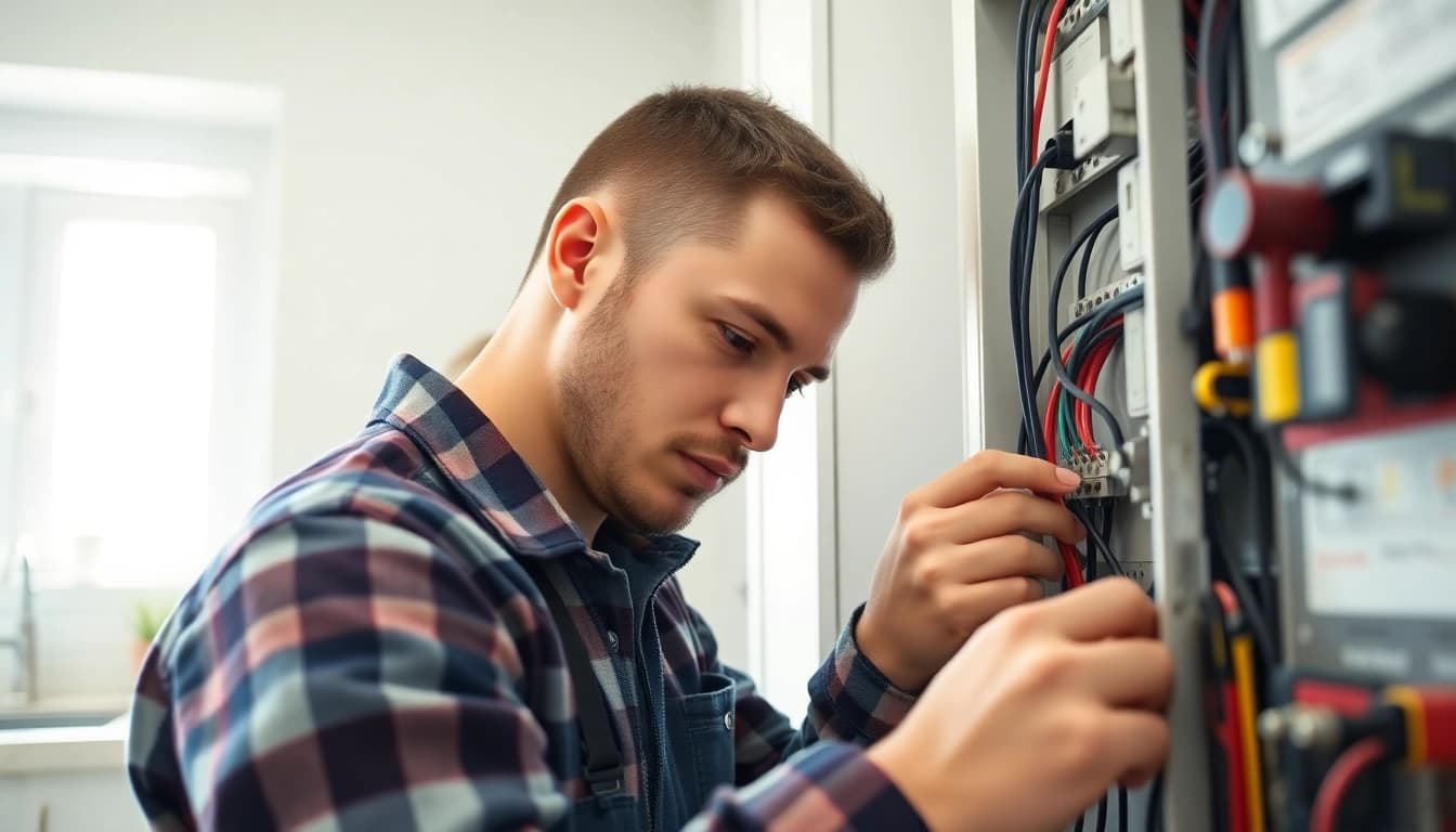 Electricians in Vancouver repairing a residential electrical panel with tools and safety gear.