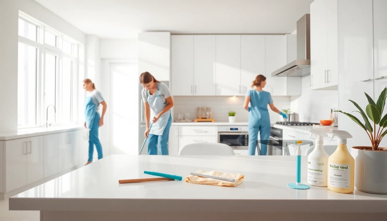Kitchen deep cleaning Dubai service spotlighting professionals scrubbing a spotless kitchen.