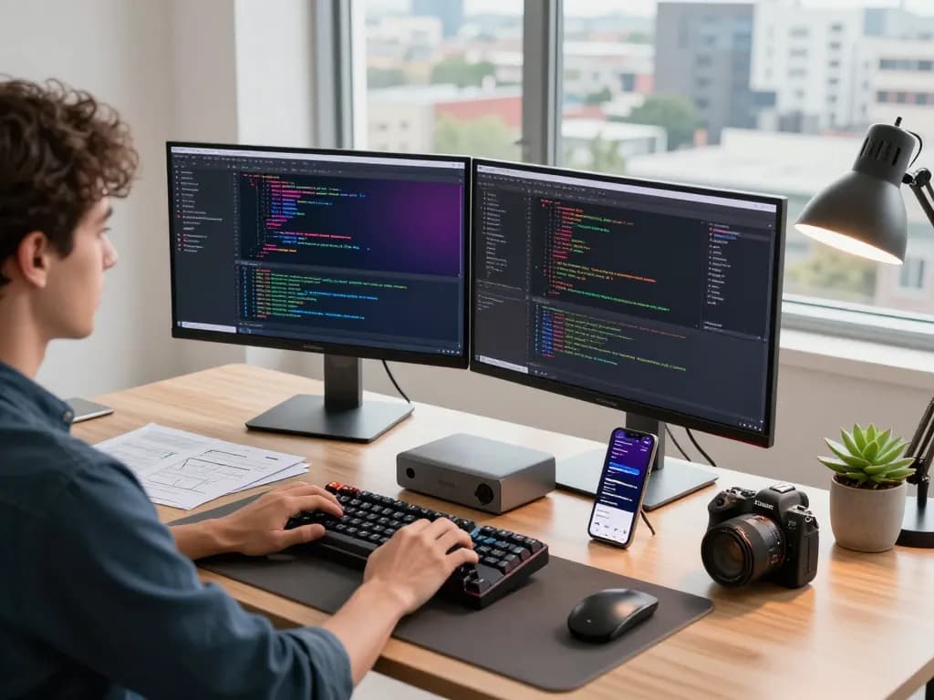 Developer coding with Mac mini setup, dual monitors, and natural light in a tech workspace.
