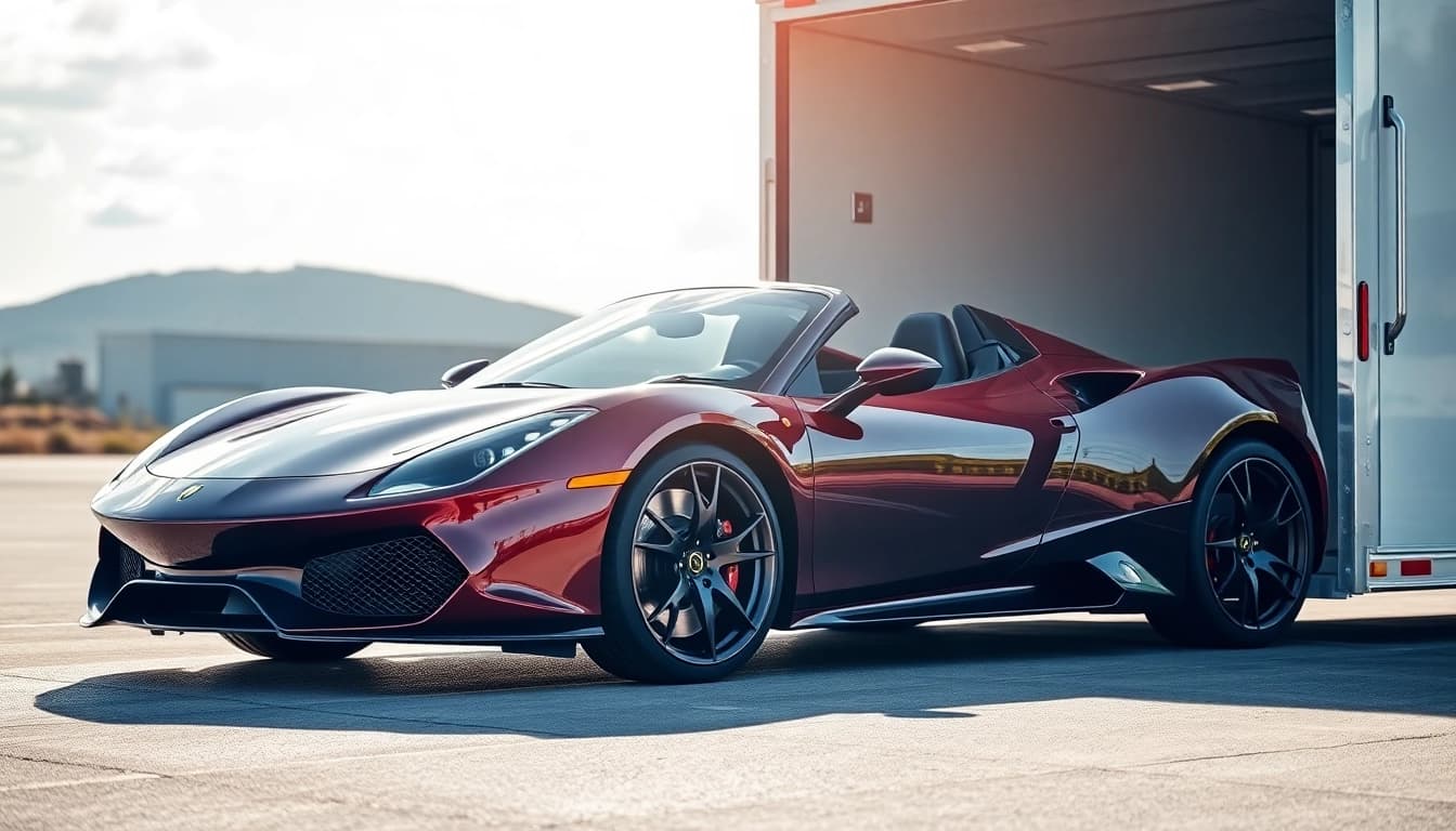 Transporting a luxury car with care at https://luxuryautocarriers.com, showcasing secure loading onto an enclosed trailer.