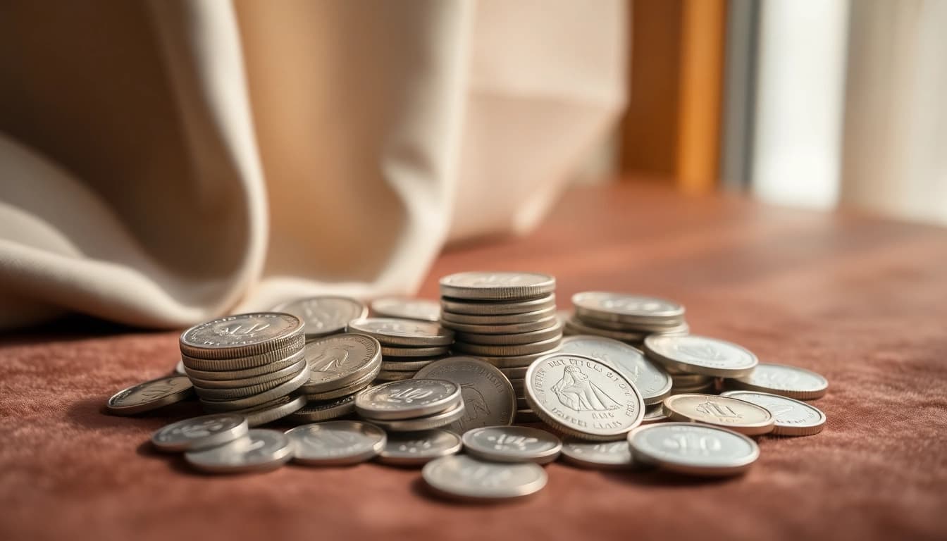 Compra argento con dettagli di monete d'argento esposte su una superficie elegante.