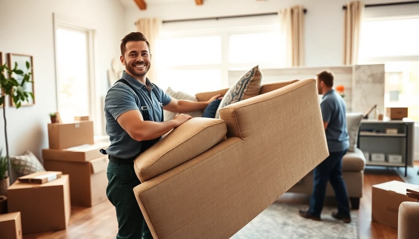 Efficient furniture removal Nashville TN service in action, showcasing a team member lifting a couch in a bright home.