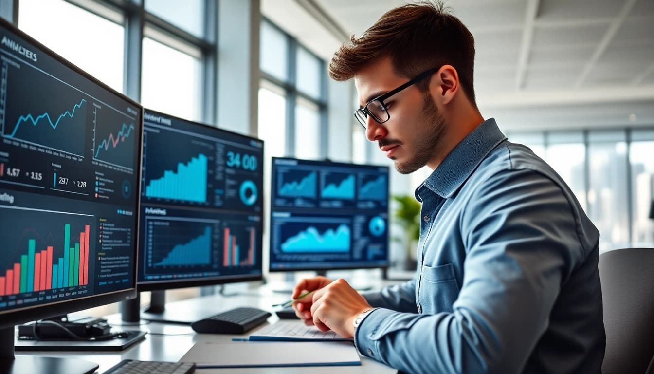 SEO expert analyzing data trends in a modern office environment, showcasing analytical screens.