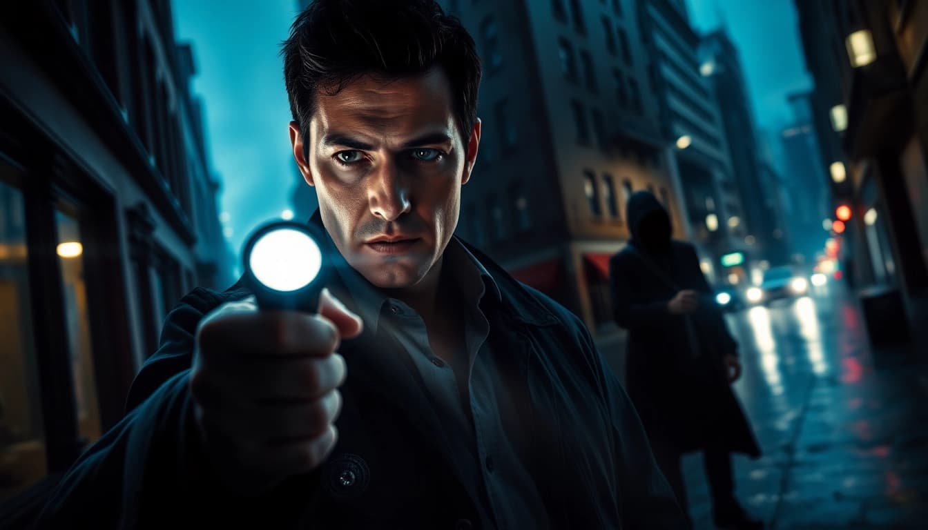 Engaging clean thriller scene showcasing a detective's intense confrontation in a dramatic urban setting.