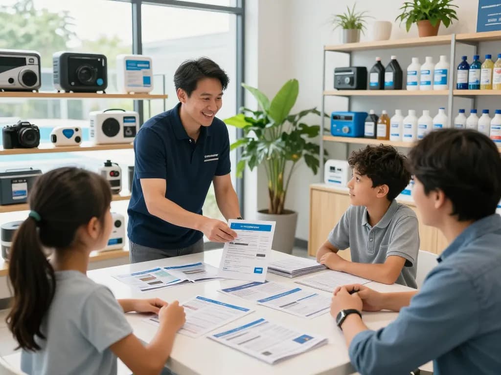 Dolphin Pool Services advisor helping a family at the showroom, offering pool maintenance solutions.