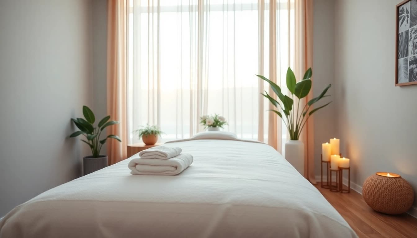 Relaxing massage therapy room setting for 출장마사지 services with soothing ambiance and professional decor.