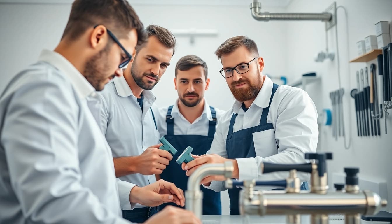 Fachleute von sonni sanitär GmbH arbeiten konzentriert an modernen Sanitärinstallationen.