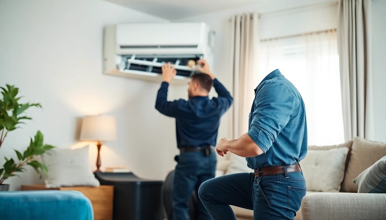 Rapid emergency HVAC repair in a serene living space showcasing a technician at work.