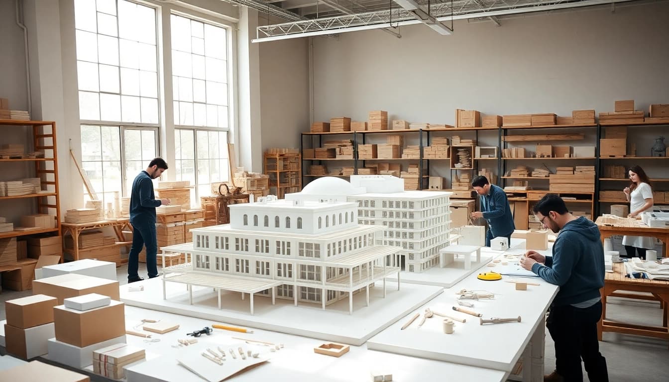 Architekturmodellbau Mannheim - Detailaufnahme eines modernen Architekturmodells in einem kreativen Atelier.