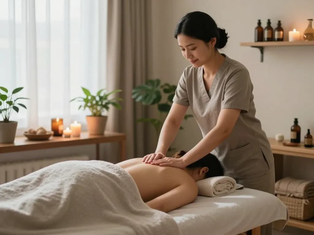 Experience peaceful 천안스웨디시 massage in a serene therapy room with calming elements and skilled therapist.