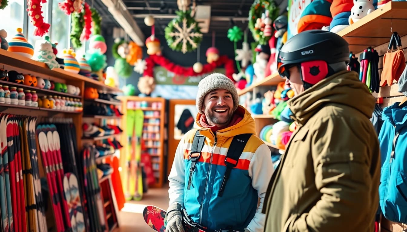 Browse equipment at a ski shop filled with vibrant winter gear and accessories.
