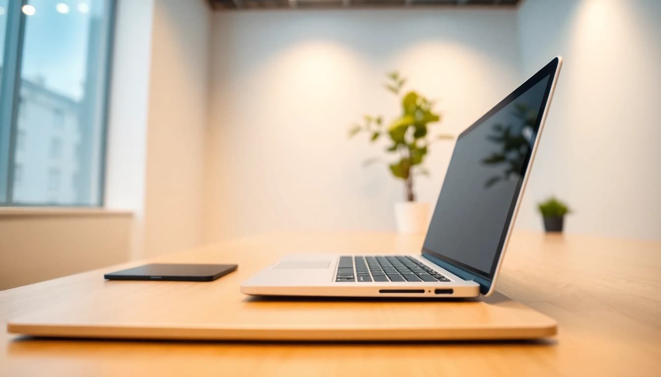 Enhance productivity with a modern workspace setup at https://fhpts.com showcasing a sleek laptop and natural elements.