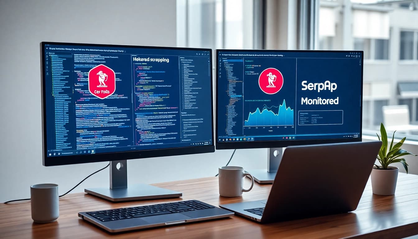 Web scrapping workspace with dual monitors showing code and charts for e-commerce analysis.