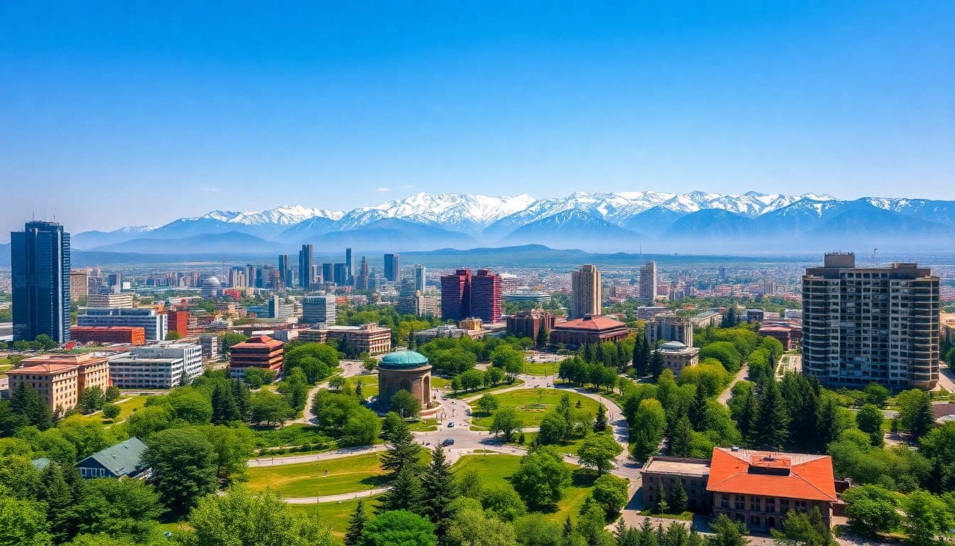 Visually striking aerial view of Almaty highlighting its beautiful architecture and stunning Tian Shan mountains near https://albmaftoh.com.