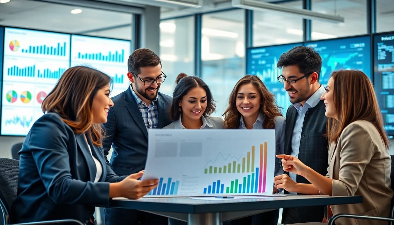 Exploring business growth insights through team discussions in a modern office.