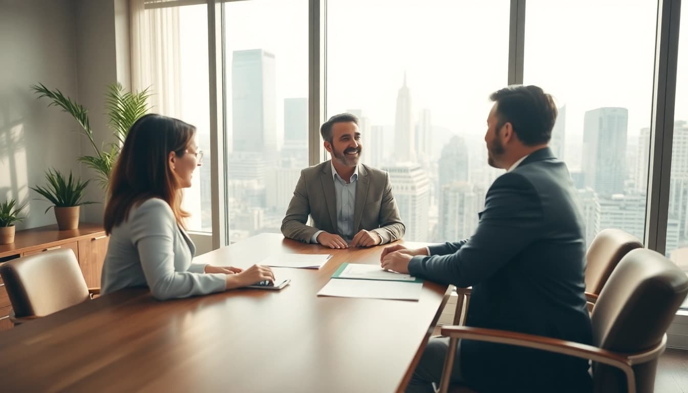 Real Estate agent assists clients in a modern office, showcasing professionalism and collaboration.