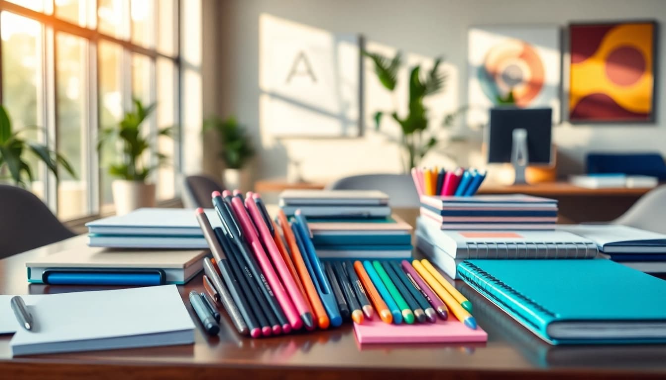 Explore a stylish desk displaying office stationery supplies, arranged for creativity and productivity.