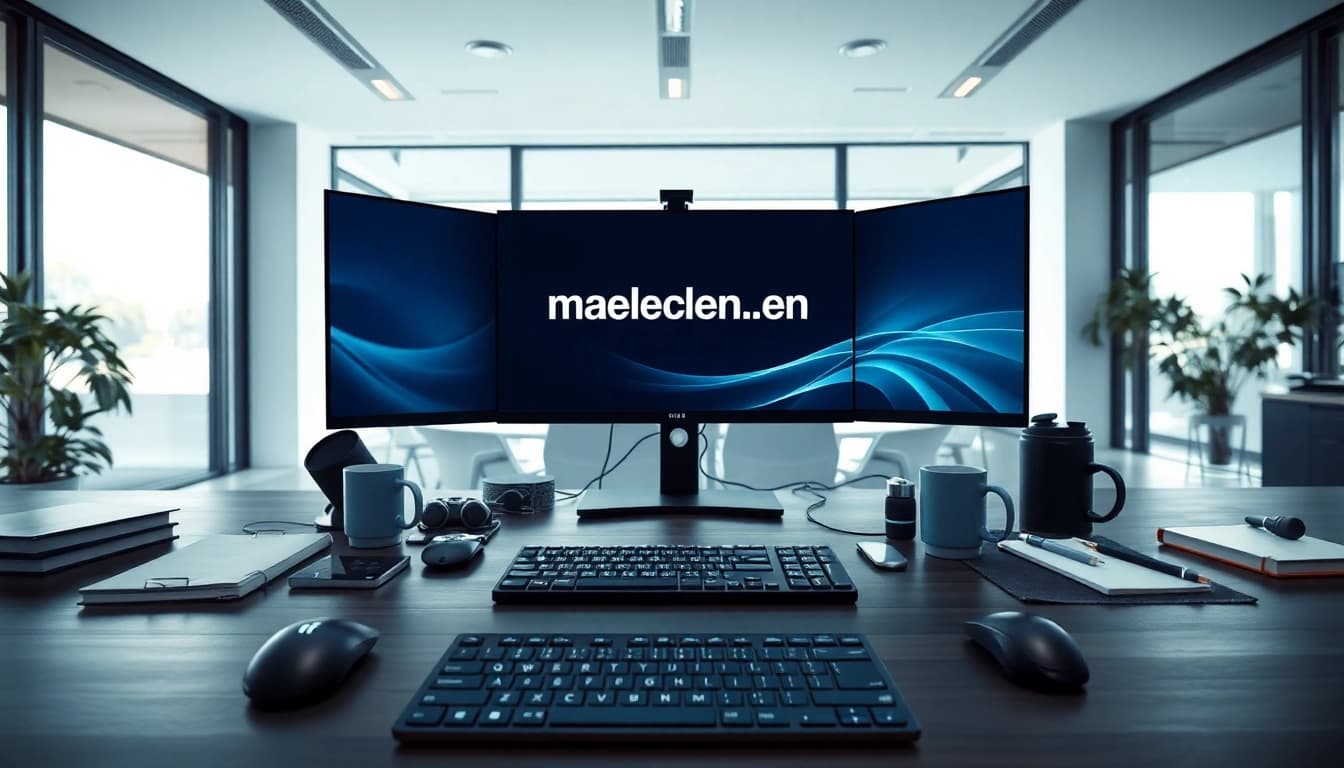 Showcase of a modern office workspace with maeden.com/en on multiple screens.