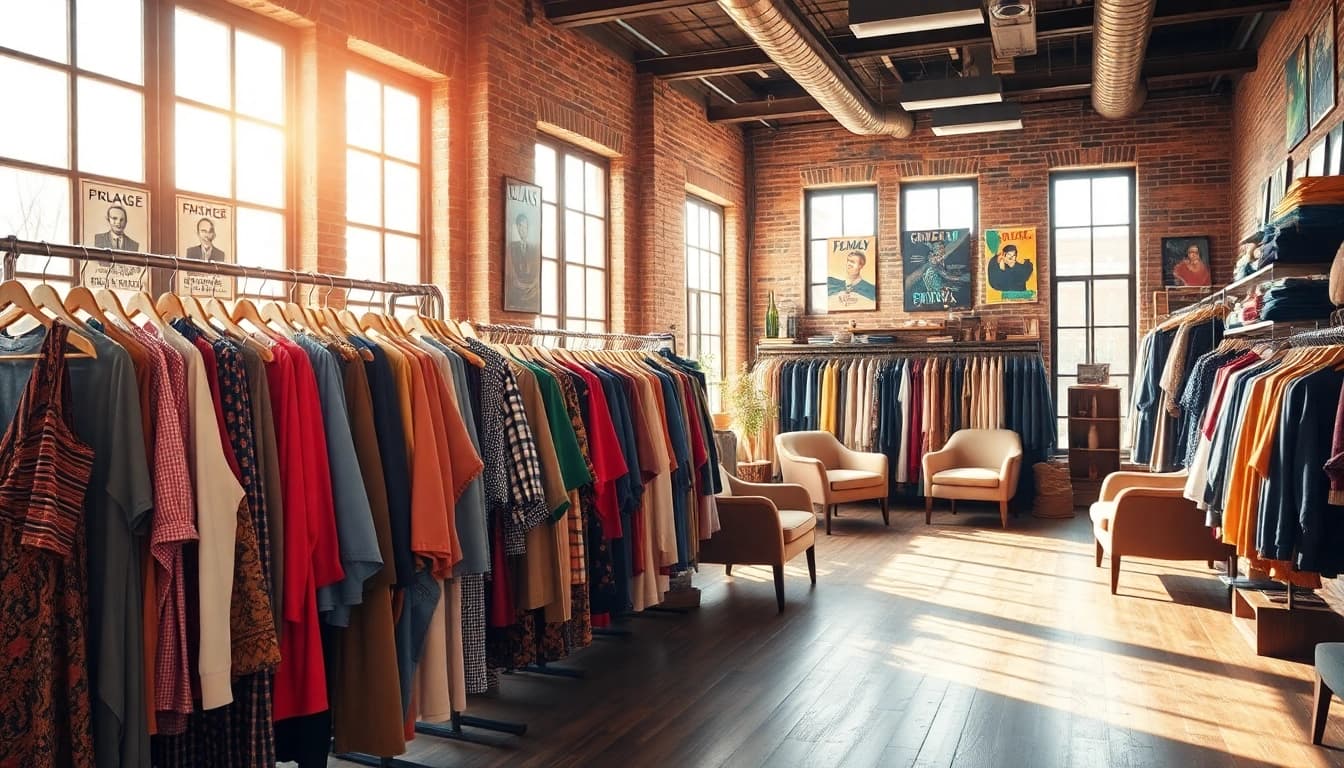 Visit https://thrift-vintage.com for a vibrant vintage clothing shop interior display, showcasing curated garments.