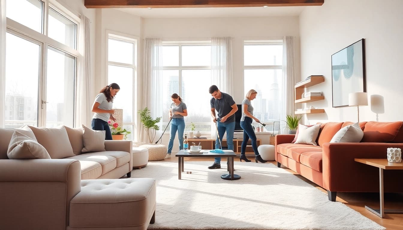 Cleaners providing cleaning services calgary in a bright, organized home setting with natural light.