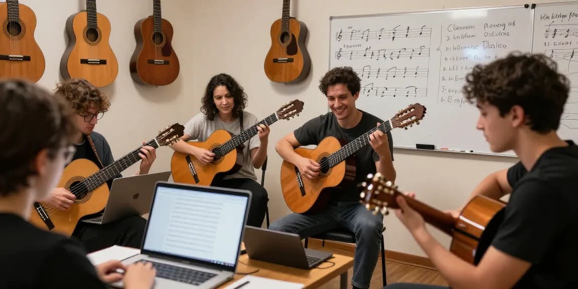 Engaging online classical guitar lessons with a certified instructor guiding students of all ages through interactive sessions.