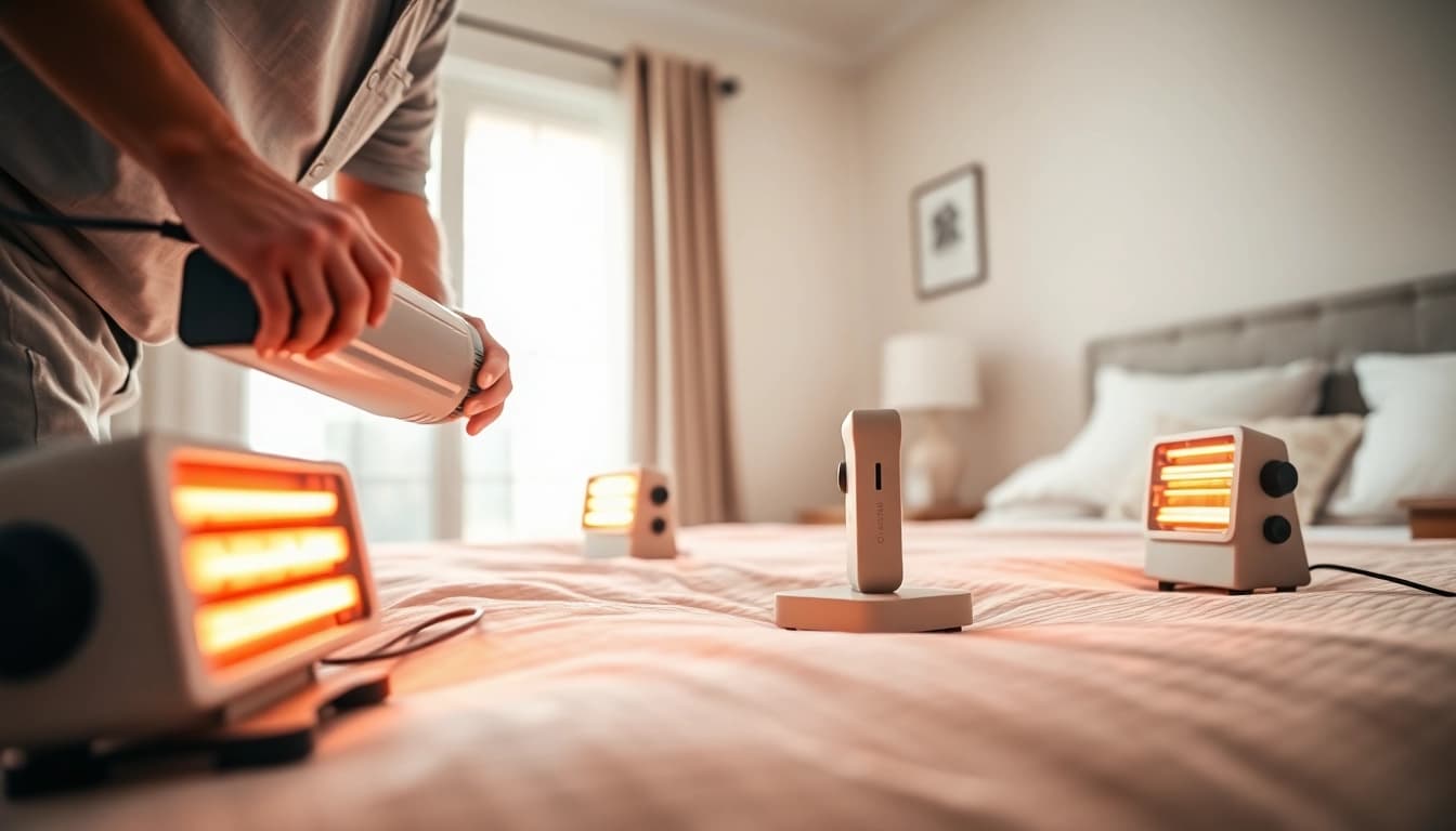 Technician performing bed bug heat treatment, demonstrating effective pest control techniques.