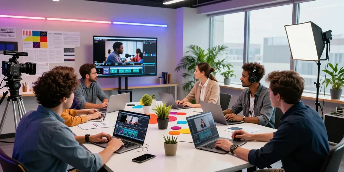 Corporate Video Production Company in Singapore collaborating in a dynamic studio setting with creative professionals.