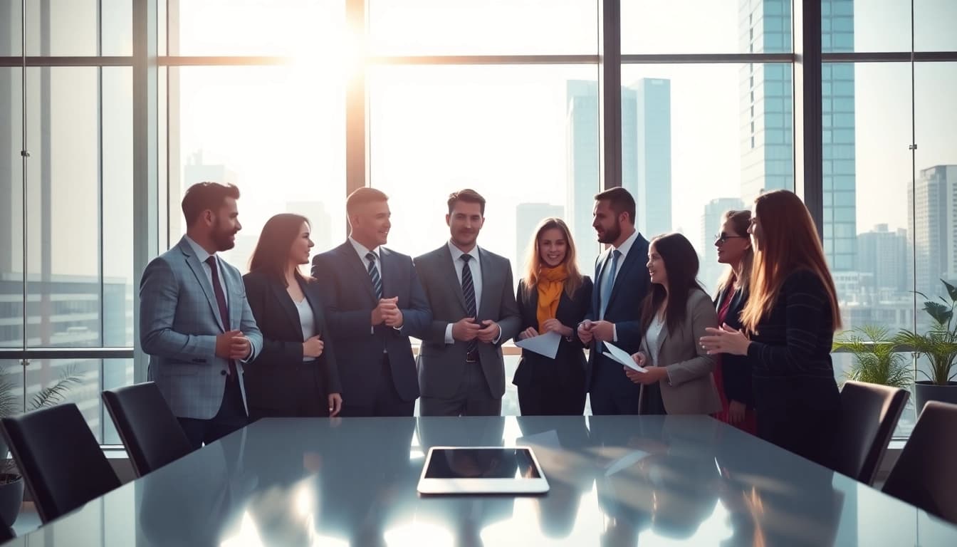 Business meeting in a modern office with a diverse team collaborating on strategies.