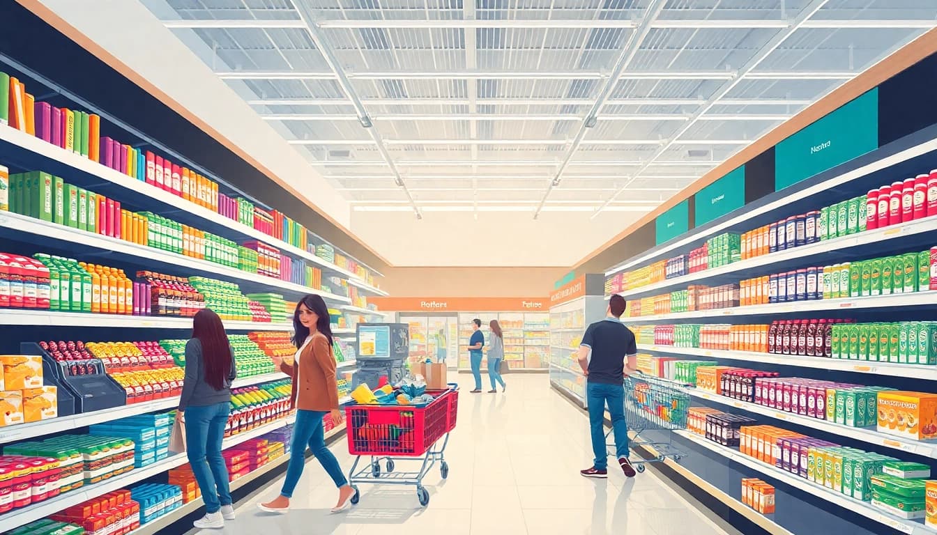 Showcasing modern trade in a vibrant supermarket with organized displays and active shoppers.