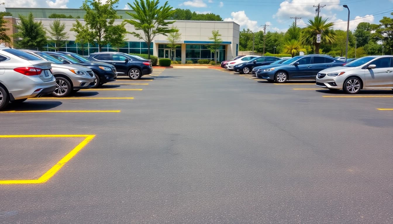 High-quality parking lot striping Brandon MS enhancing order and safety for vehicles in a commercial area.