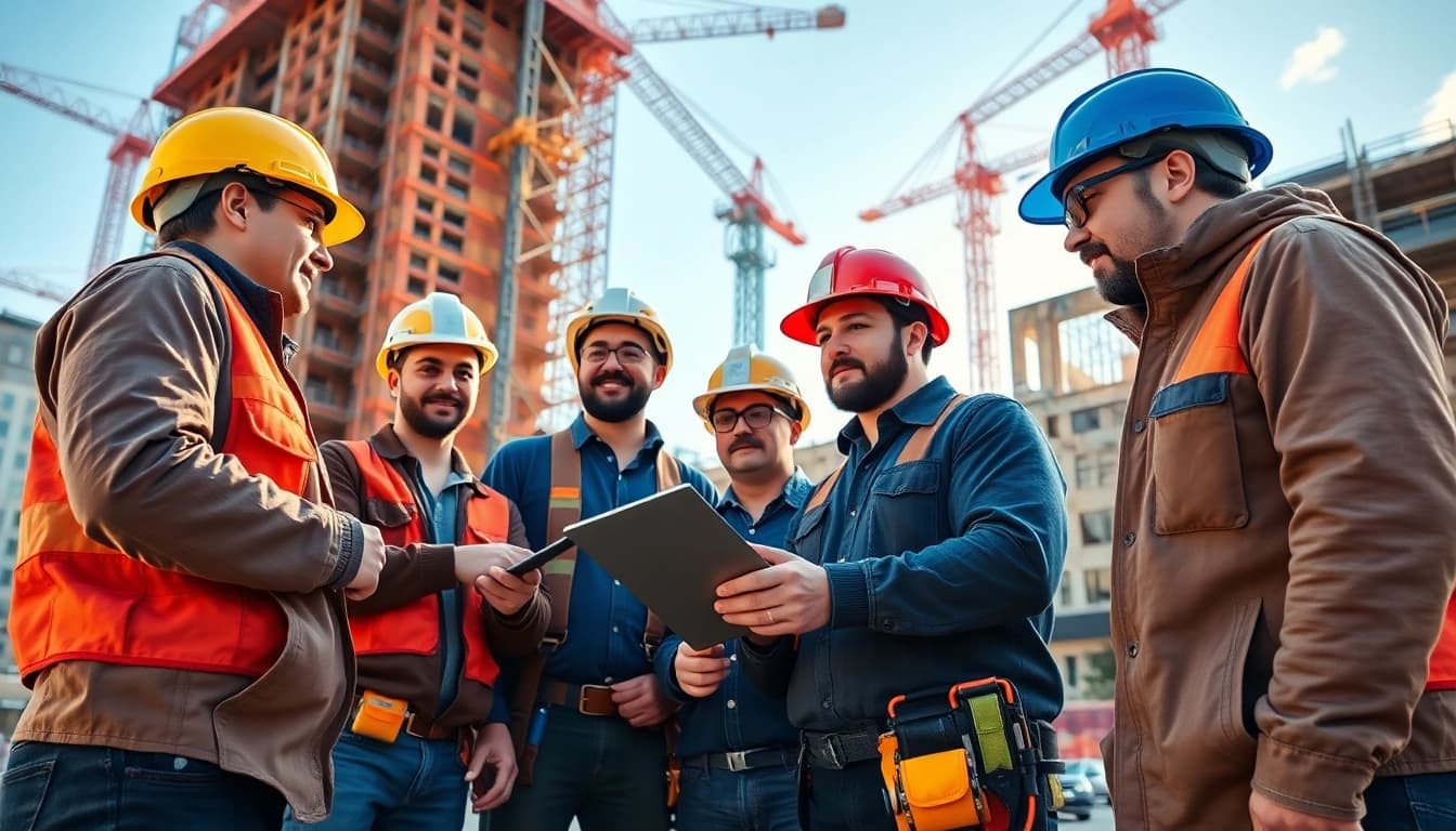 Construction membership association team working energetically on a building project.