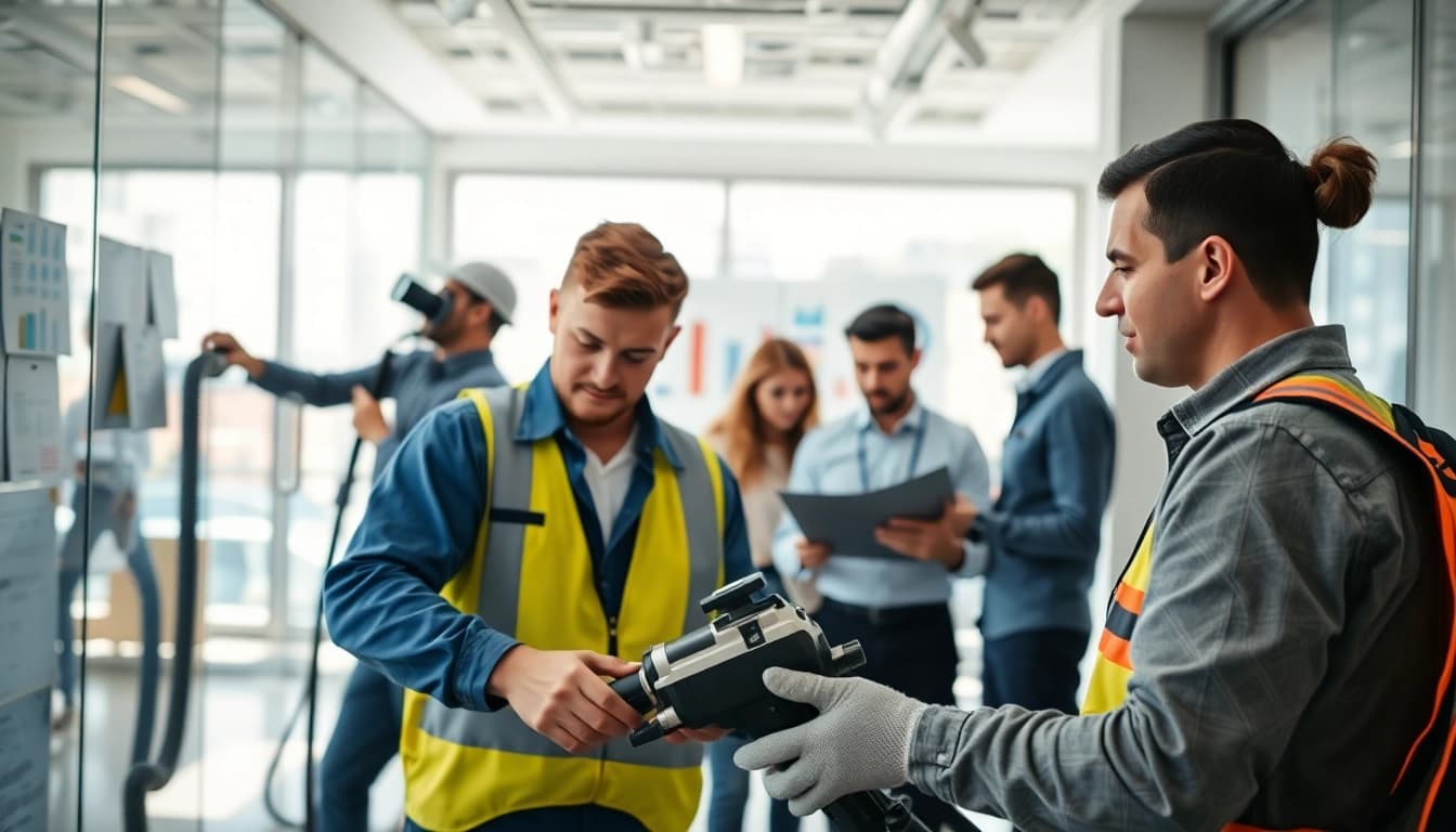 Optimale Gebäudedienste von https://nm-gebäudeservice.de in einem modernen Büro. Reinigungsteam arbeitet engagiert.