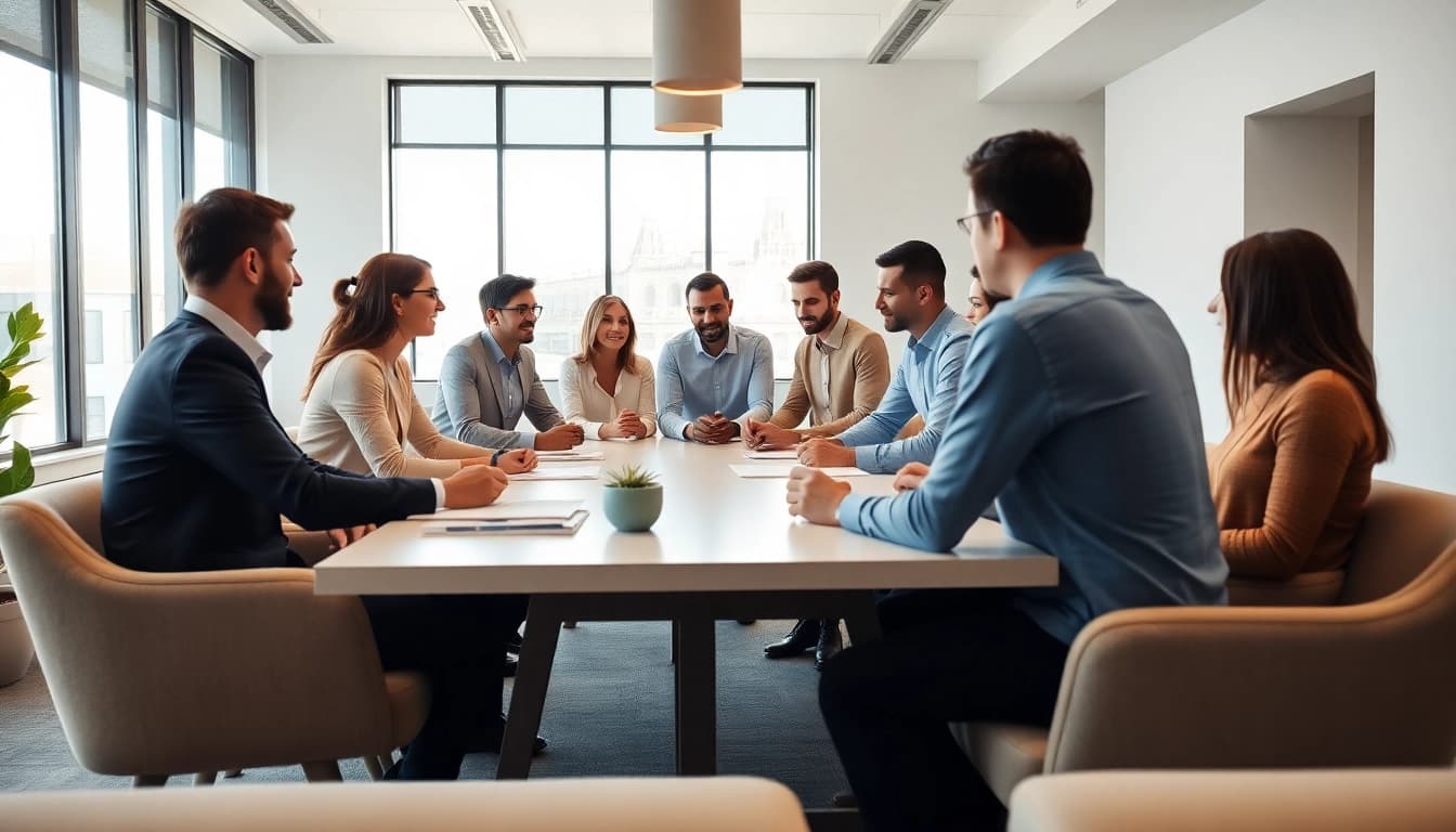 Engaging business discussion in a modern office showcasing collaboration.