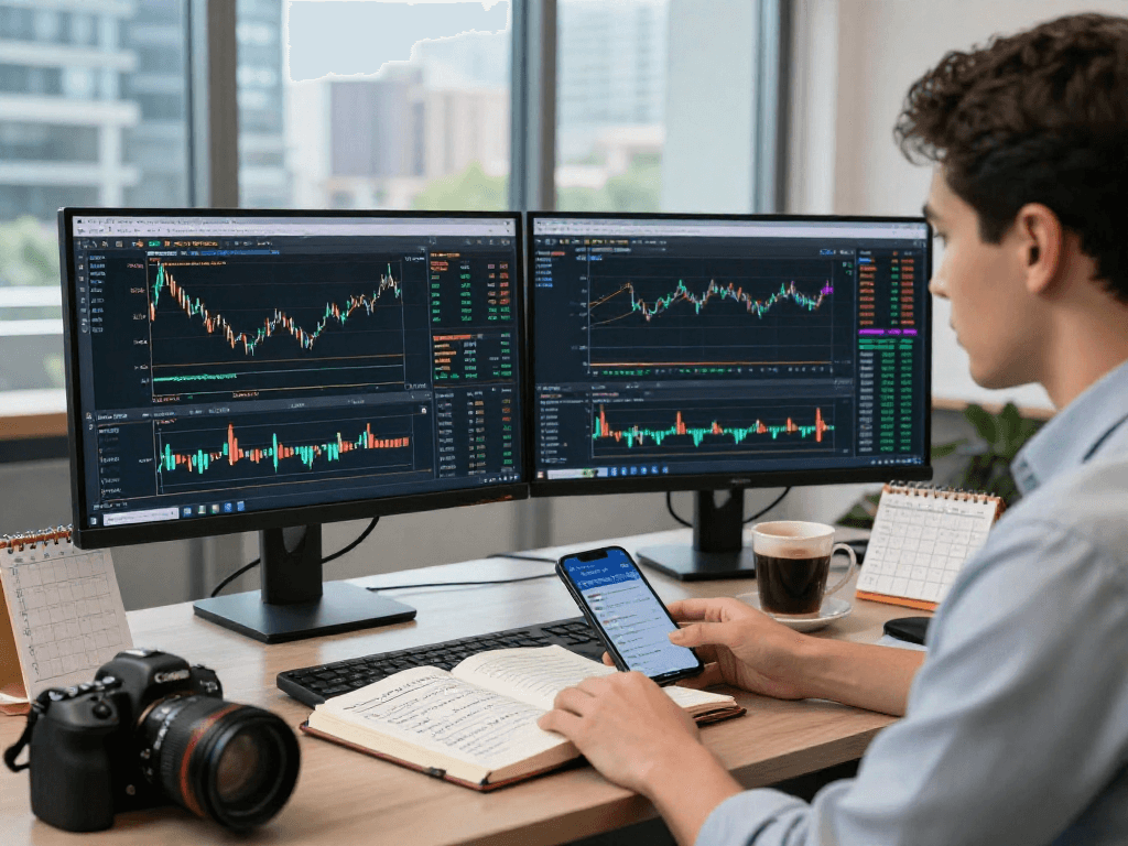 Trader analyzing the market with metatrader 5 on dual monitors, showcasing dynamic charts and automated trading scripts.
