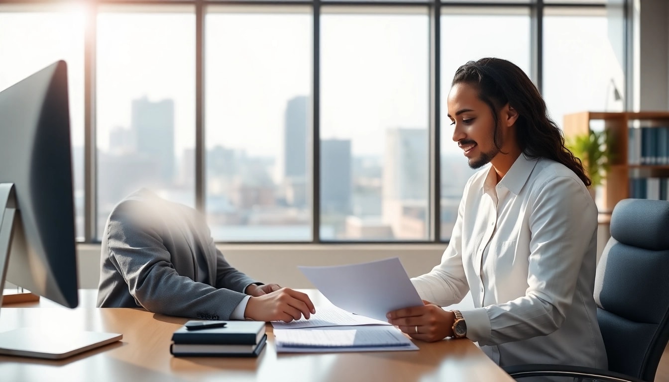 New Hampshire Immigration Attorney consulting with a client professionally in a bright office.