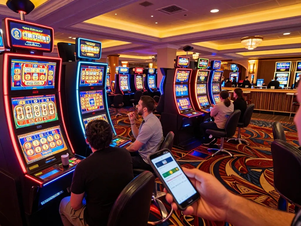 Players enjoying colorful slot machines while using top quality widgets for in-game strategies