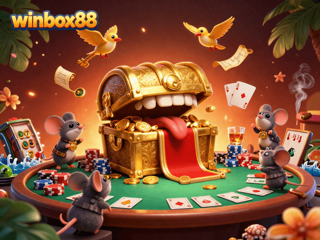 Engage with winbox88's vibrant casino games featuring dynamic poker elements and a treasure chest theme.