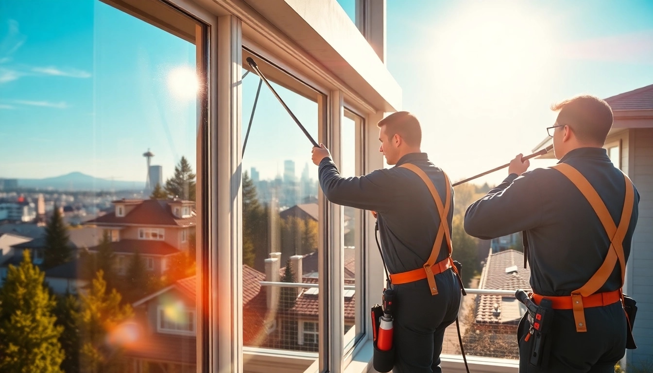 Seattle window cleaning service professionals meticulously cleaning large windows in a sunny neighborhood.