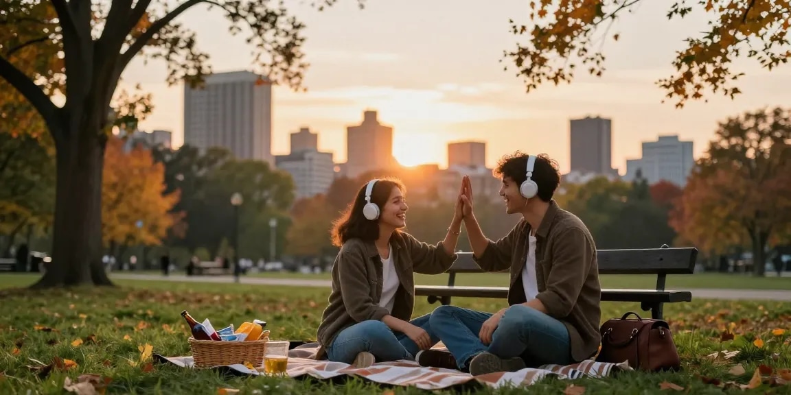 A couple sharing music in a park, illustrating the joy of having a crush on someone.