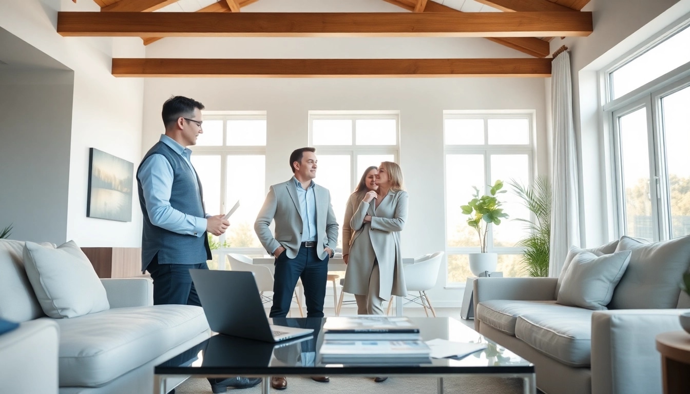 Engage with a real estate agent showcasing a modern home interior to prospective buyers.