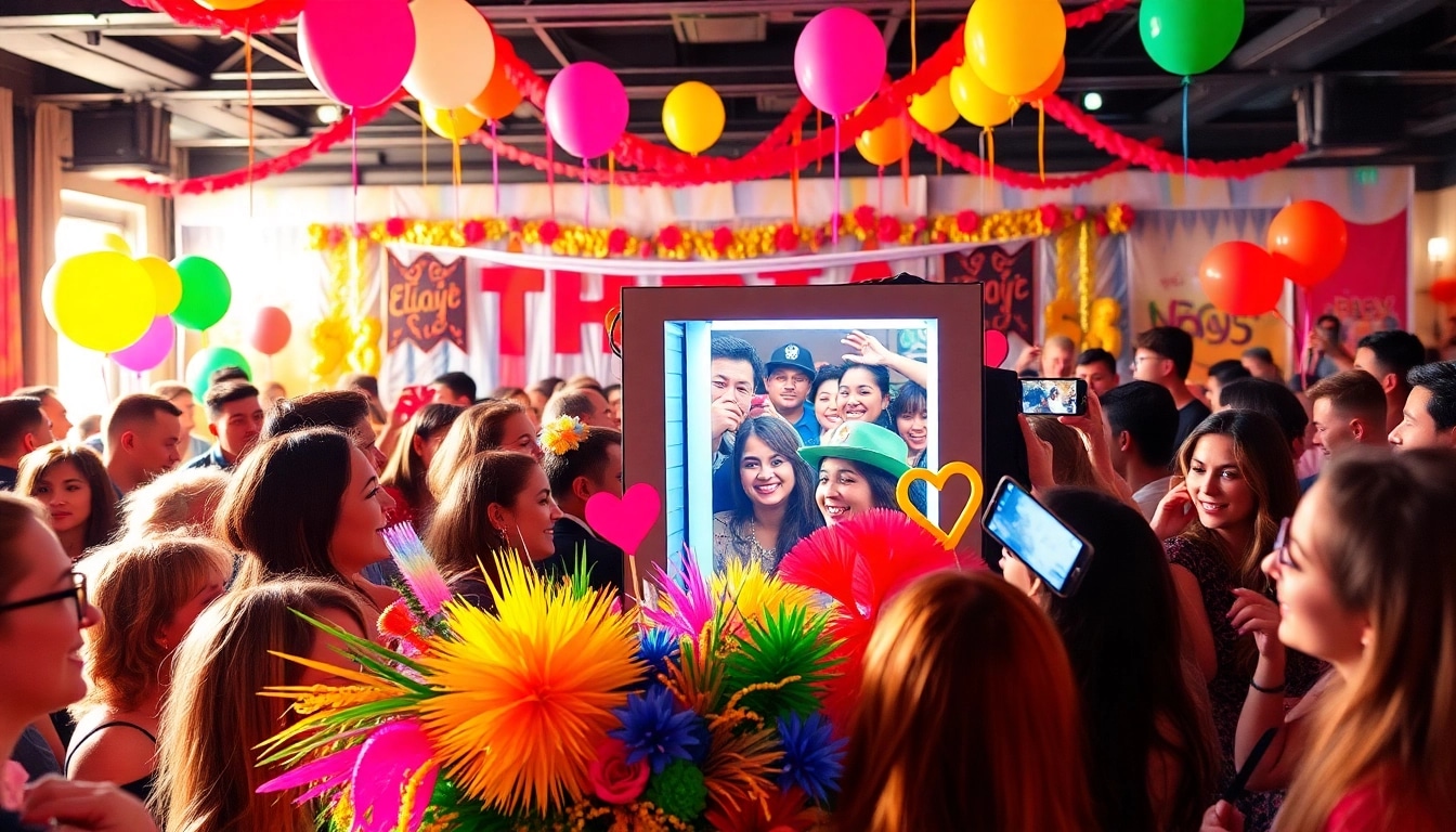 Engaged guests enjoying a photo booth rental experience with colorful props and festive backdrop.