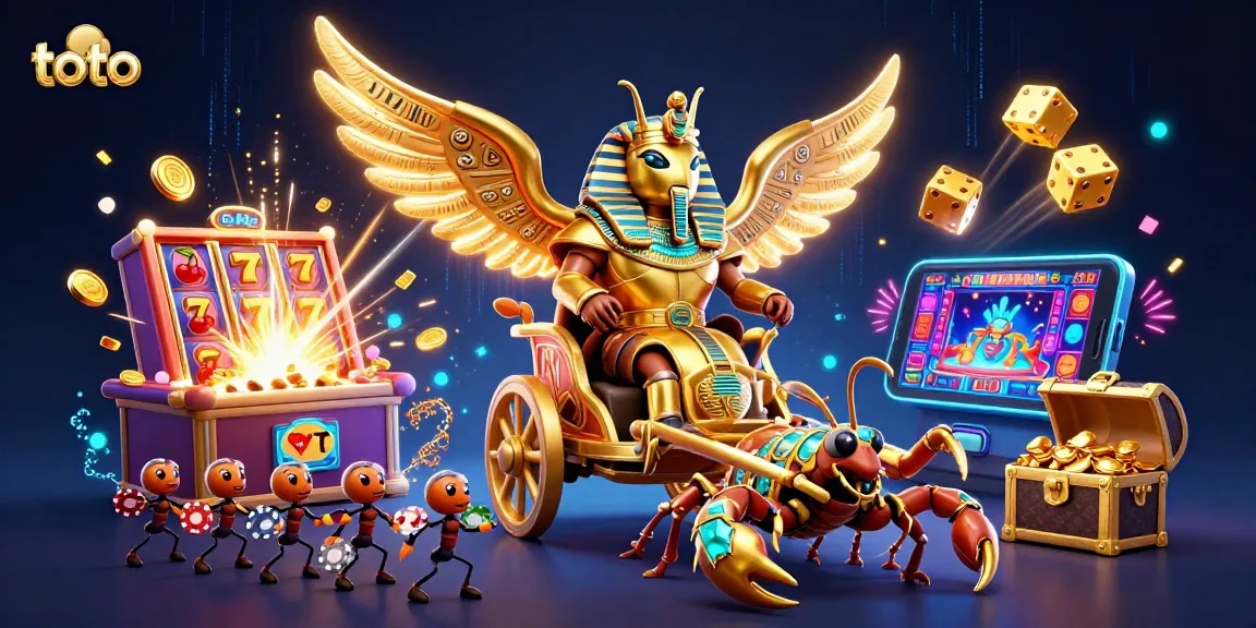 Engage in thrilling toto casino gameplay with a vibrant illustration of a golden scarab beetle in action.