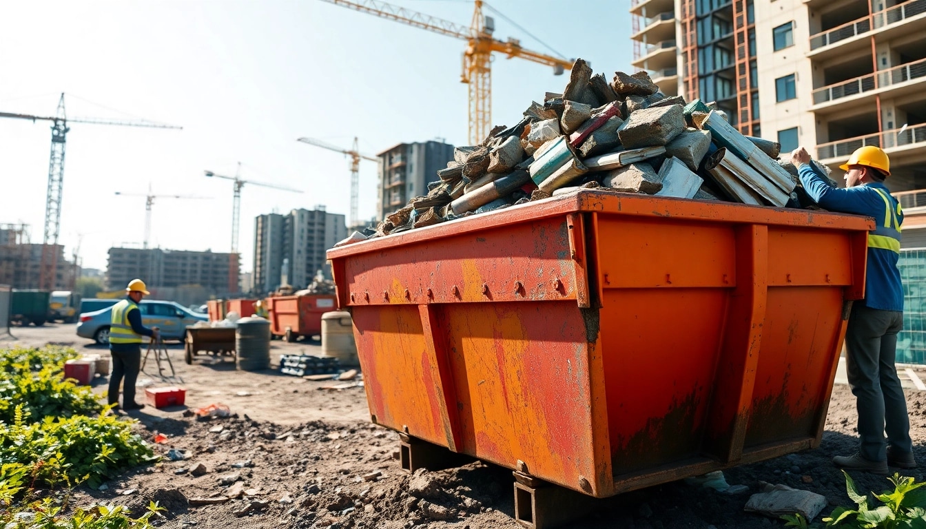 Efficient skip hire in action with construction workers managing waste containers.