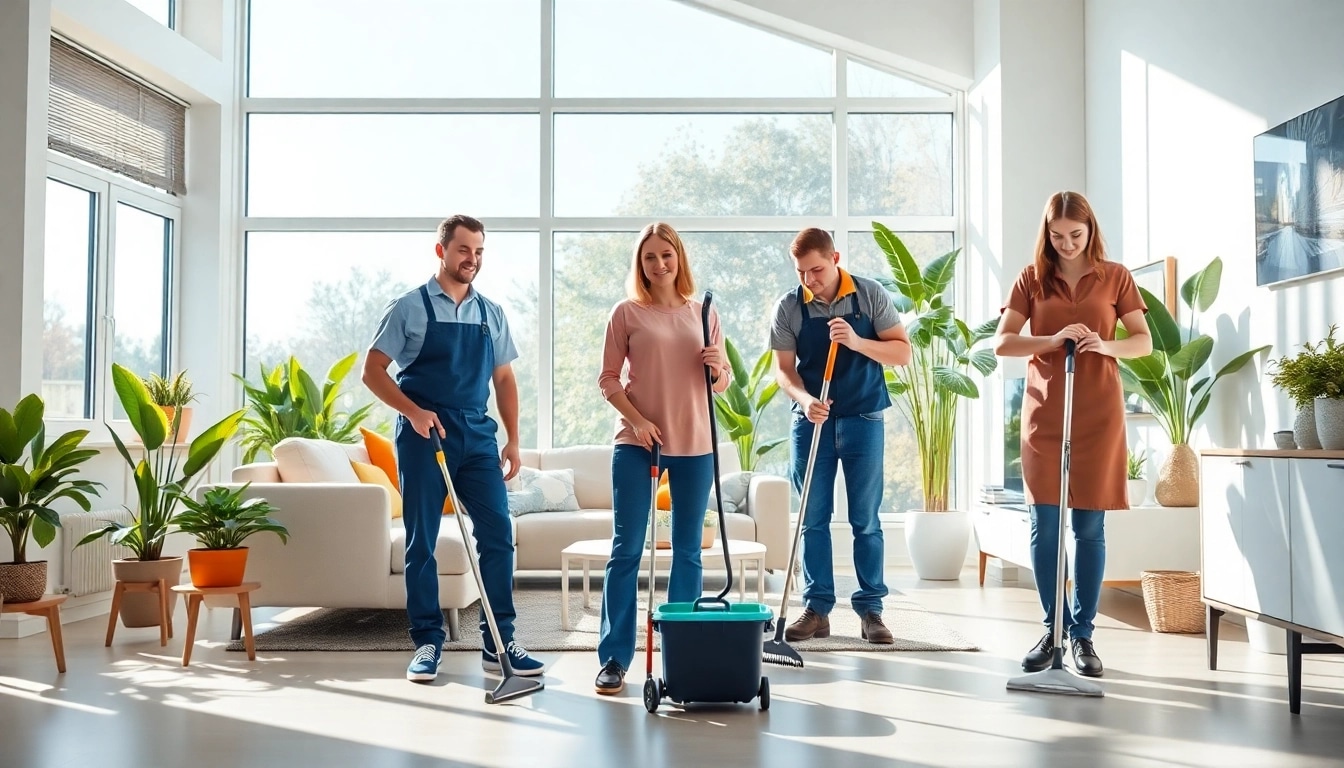 Cleaning service team showcasing premium cleaning in a bright living room with modern decor.