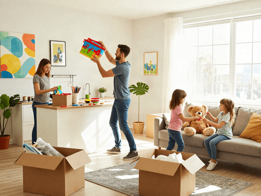 Family of movers unpacking boxes in a bright living room, showcasing a joyful home transition.