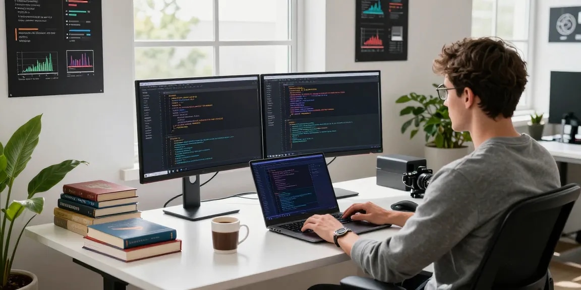 Developer programming the 纸飞机中文版 app in a modern tech workspace.