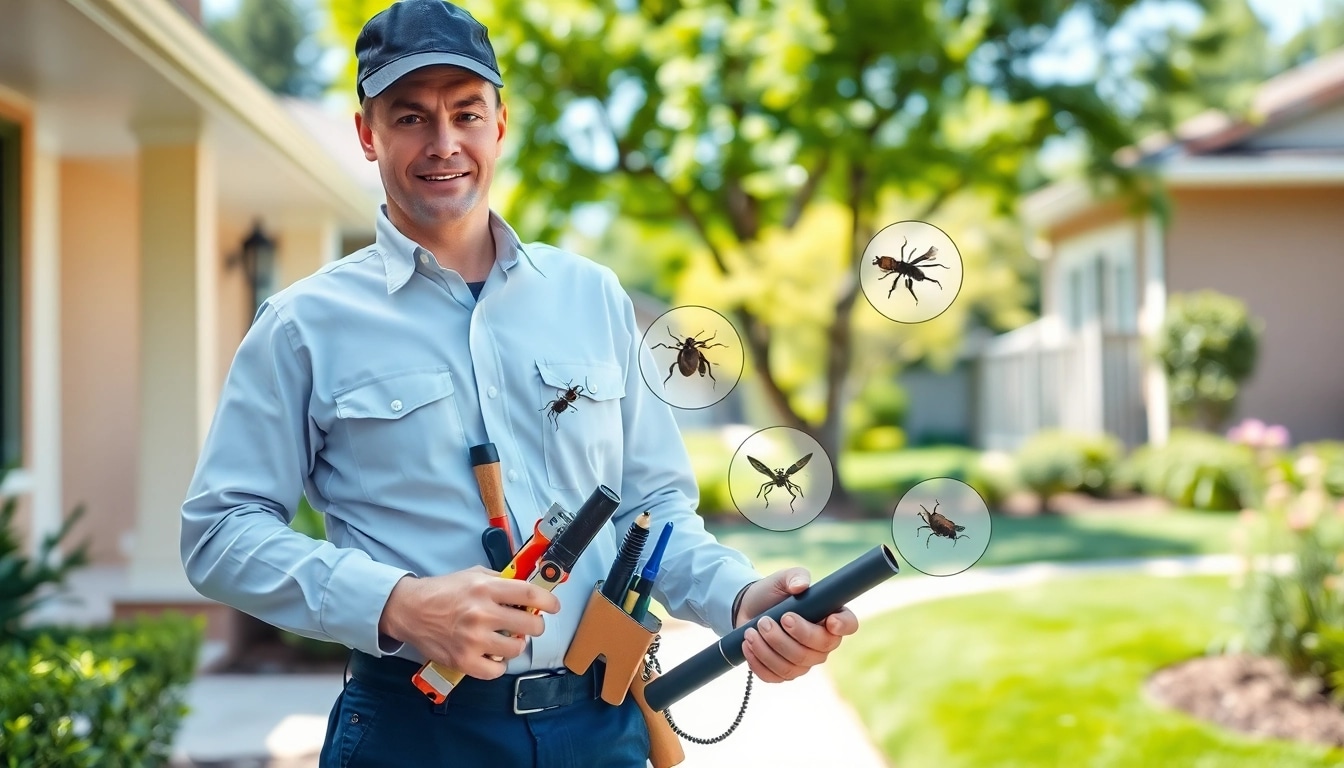 Request pest control quote with expert technician inspecting home for pests.