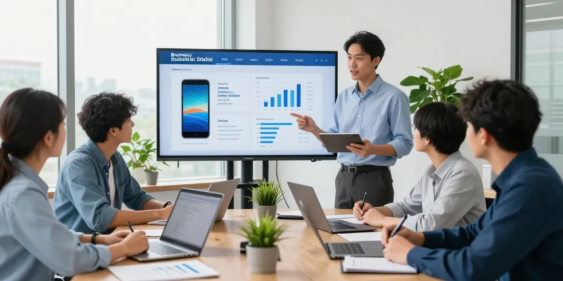 Team collaborating on cheap business mobile deals in a bright office.