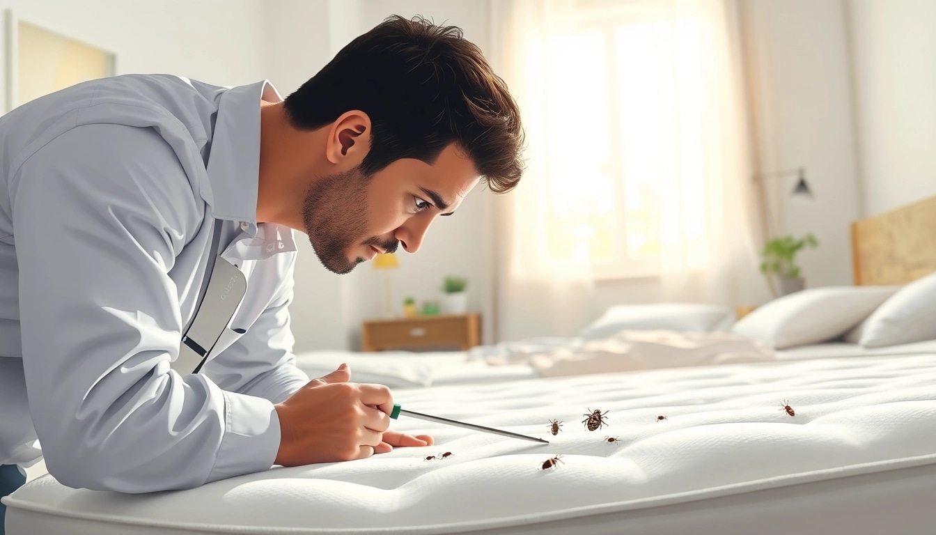 Inspecting for bed bugs at https://affordablebedbugexterminators.com with a professional expert in a clean room.